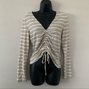 Fate Courtney Ribbed Striped V Neck Cinched Tie Long Sleeve Crop Top